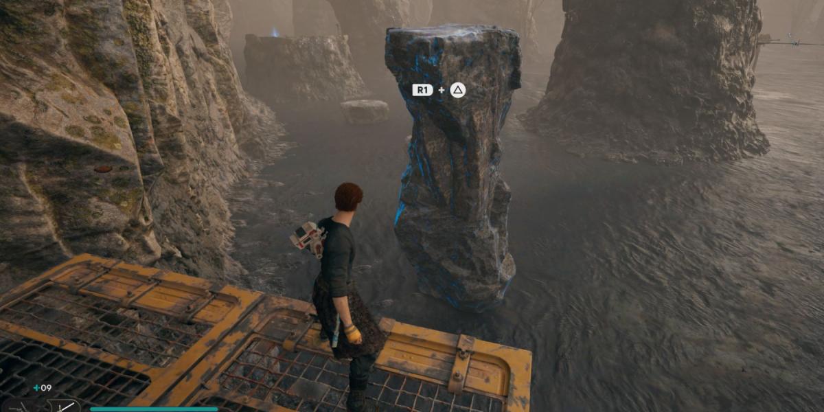 Cal usa Force Lift em um pilar de pedra em Star Wars Jedi: Survivor
