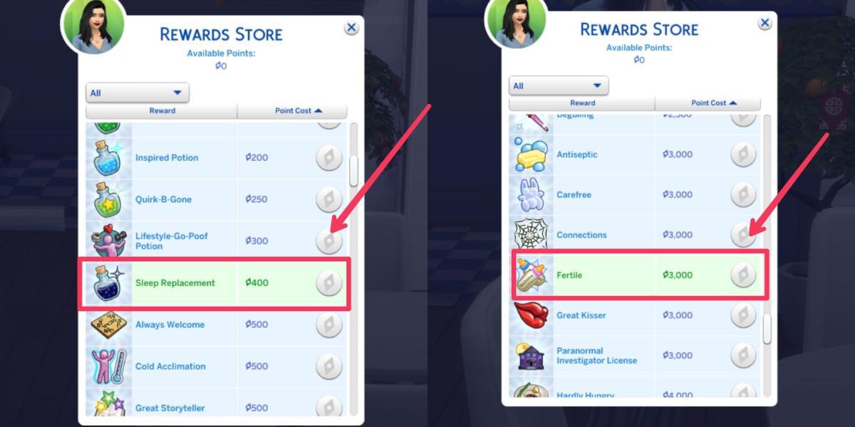 poções e características na loja de recompensas no the sims 4
