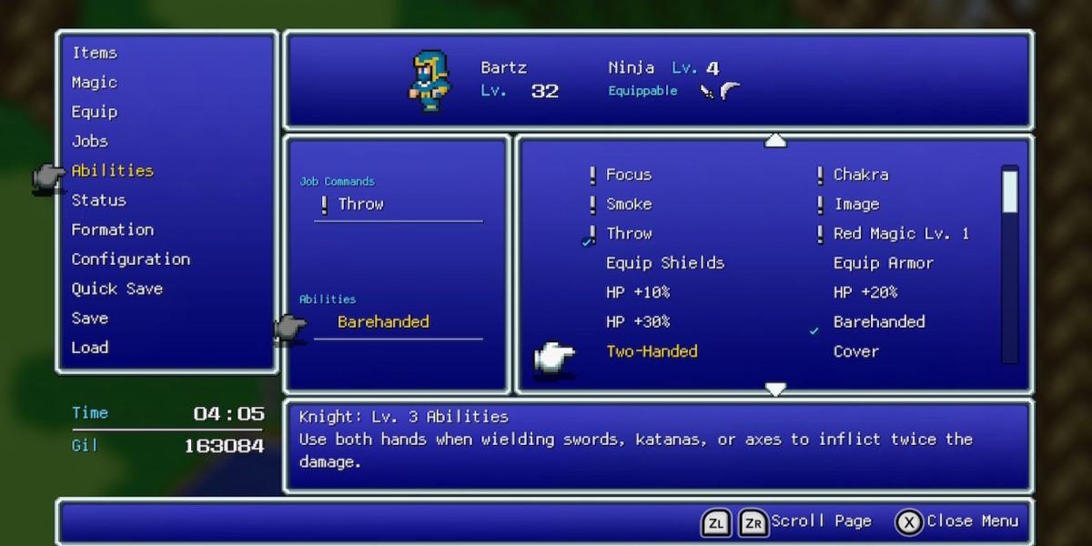 Habilidade de duas mãos em Final Fantasy 5