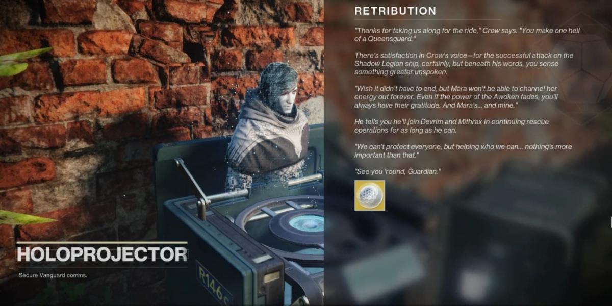 A tela de diálogo final da missão Retribution de Destiny 2
