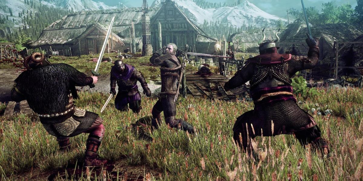 Geralt lutando contra um grupo de humanos em um campo.