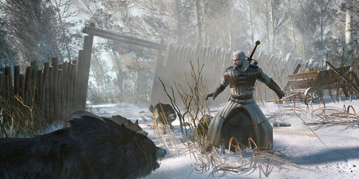Geralt enfrentando lobos na neve.