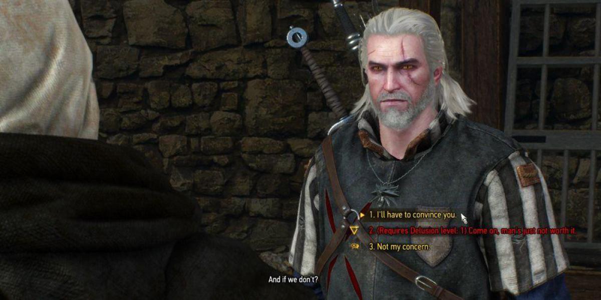 Geralt com opções de diálogo,
