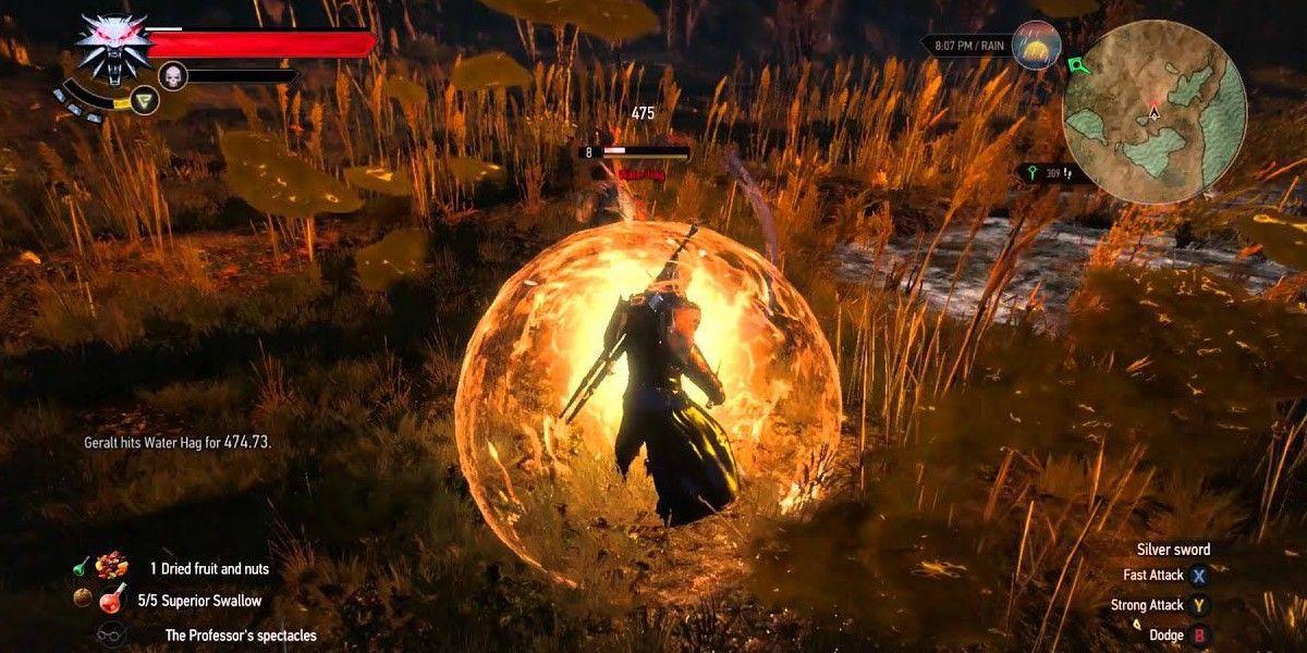 Geralt na bolha do escudo laranja.