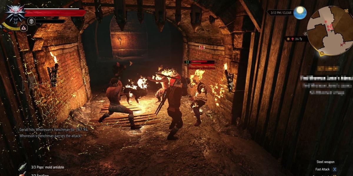 Geralt lutando contra humanos no túnel escuro.