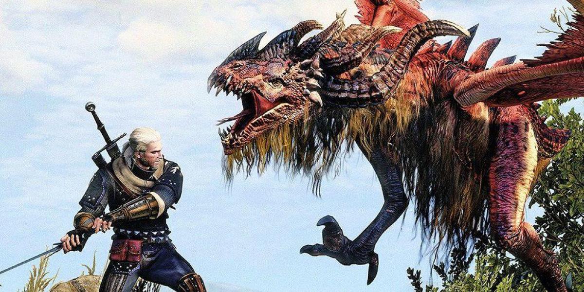 Geralt lutando contra um dragão em The Witcher 3
