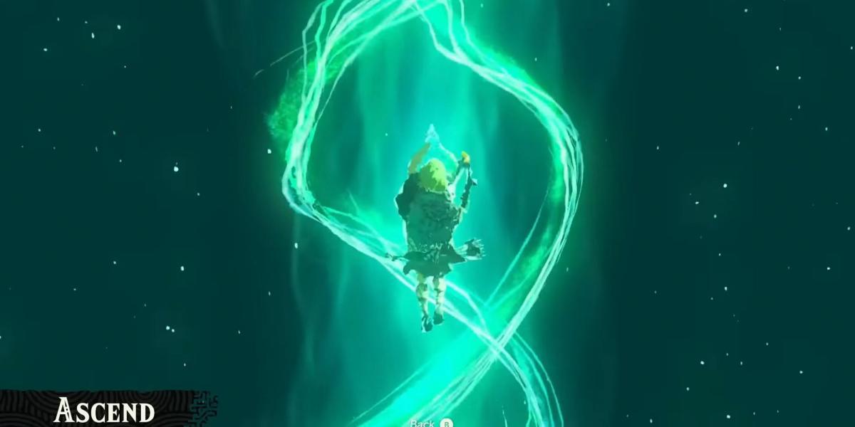 Link ascendendo em Tears of the Kingdom