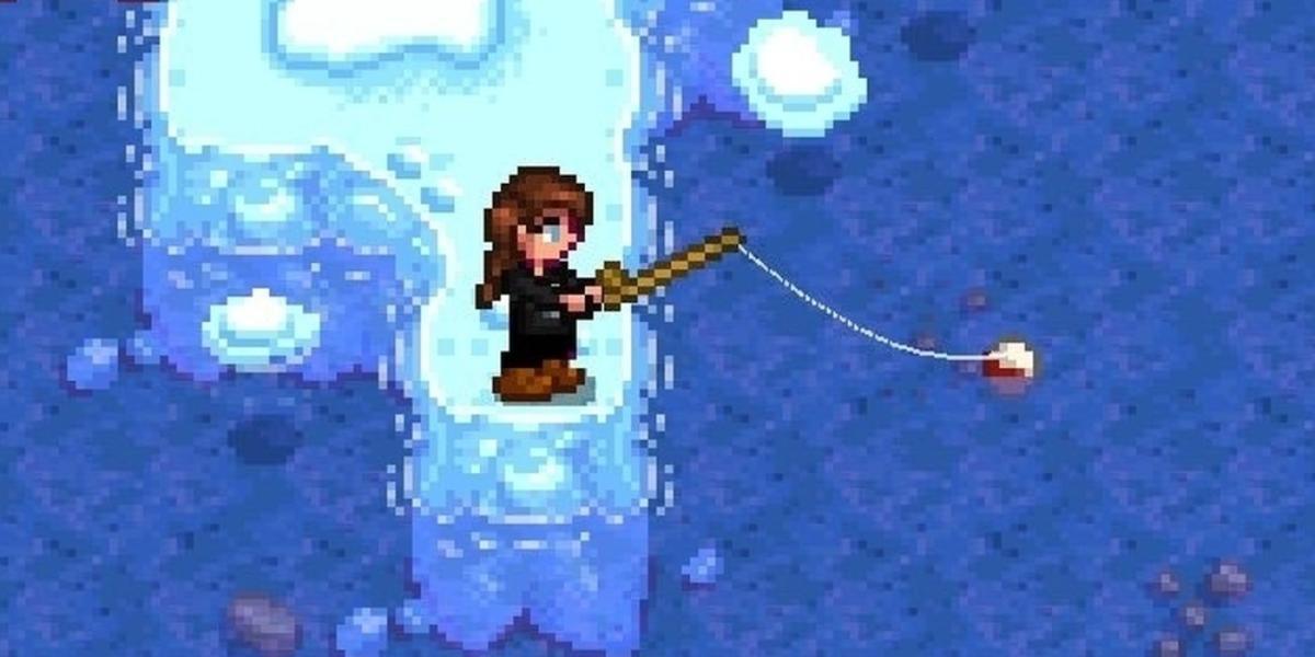 Jogador de Stardew Valley pescando durante o inverno