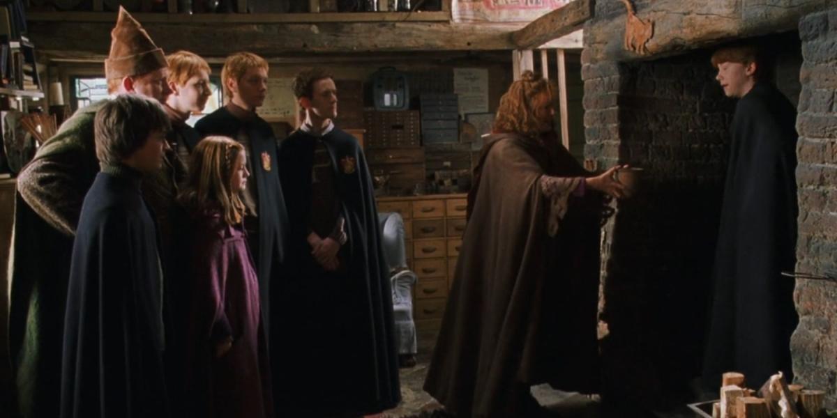 Os Weasleys e Harry Potter viajando pelo pó de Flu em Harry Potter e a Câmara Secreta.