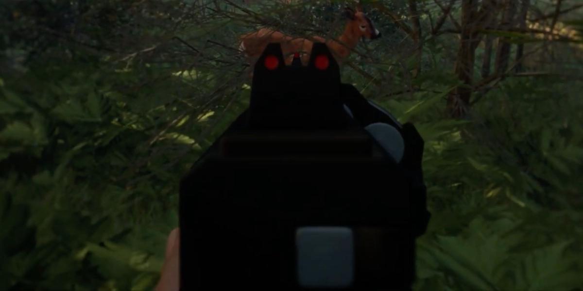 O jogador atira em um animal de perto usando um Vasquez Cyclone .45