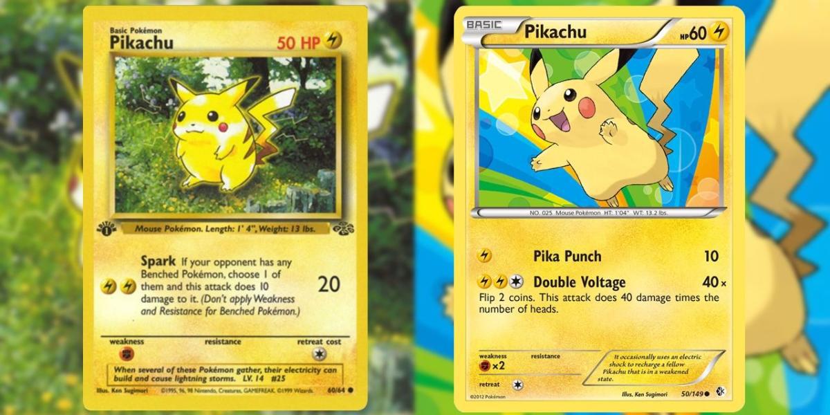 Duas cartas do Pikachu mostrando como o estilo artístico de Ken Sugimori mudou ao longo do tempo