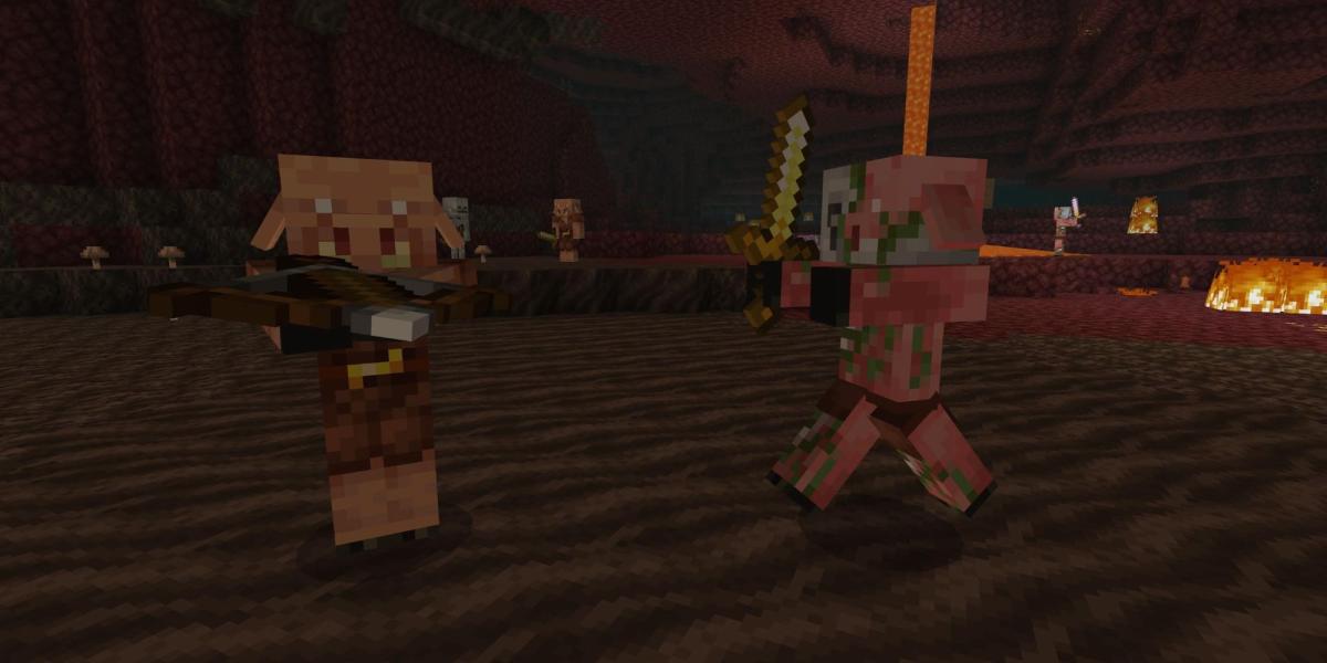 Um Piglin e um Zombie Piglin lado a lado no Nether no Minecraft