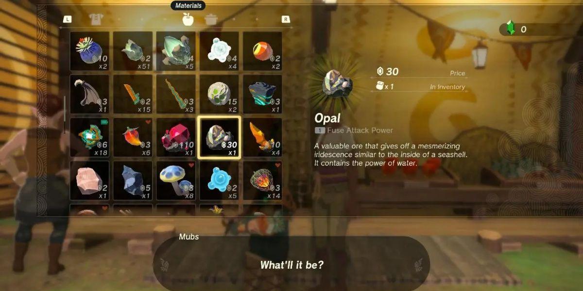 Link vende Opals para um comerciante em Tears of the Kingdom