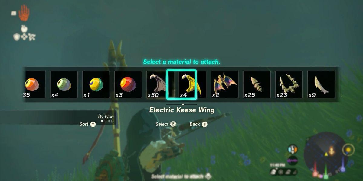 Link seleciona Keese Wings para anexar à sua flecha em Tears of the Kingdom