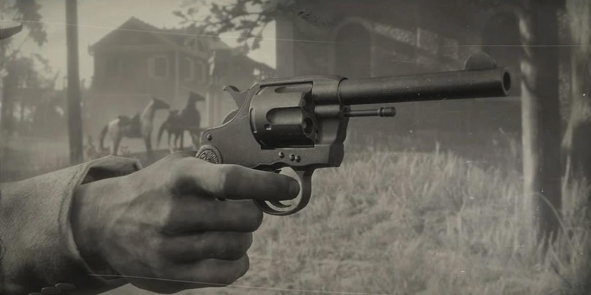 Red Dead Redemption 2 uma foto em preto e branco em close do Double Action Revolver