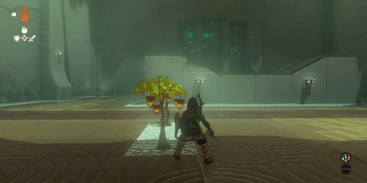 Link fica ao lado de uma árvore Fire Fruit no Yamiyo Shrine em Tears of the Kingdom
