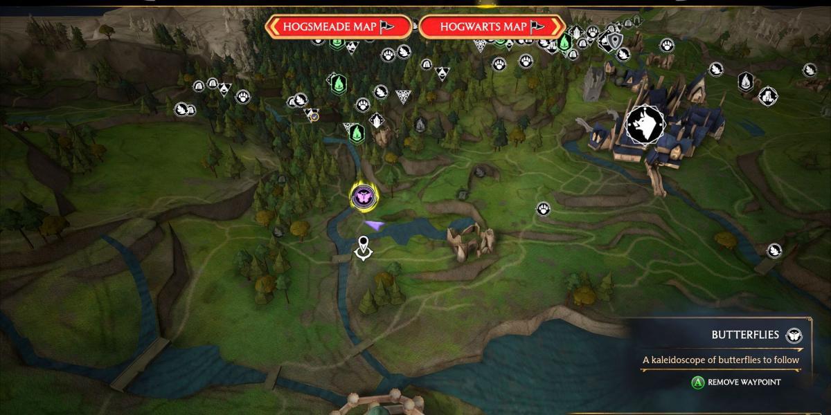 Localização do mapa de borboletas do Legado de Hogwarts Siga a missão secundária das Borboletas Floresta Proibida