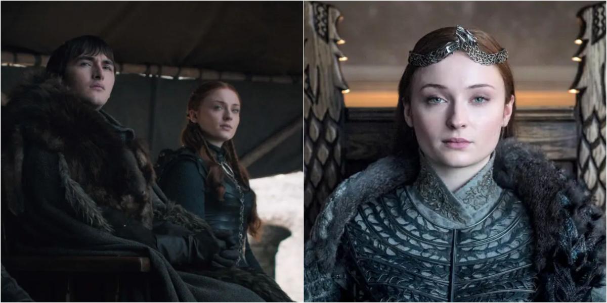 Imagem dividida de Bran e Sansa no Grande Conselho e Sansa como Rainha do Norte em Game of Thrones.