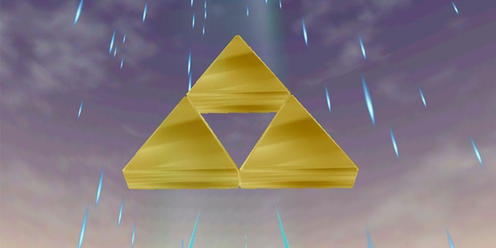 Legend of Zelda Ocarina of Time Triforce flutuando no céu chuvoso
