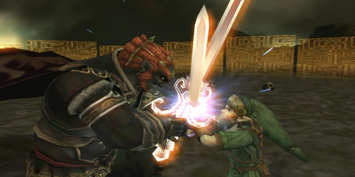 Link e Ganondorf se enfrentando em Hyrule Field durante a batalha final contra o chefe de The Legend of Zelda: Twilight Princess
