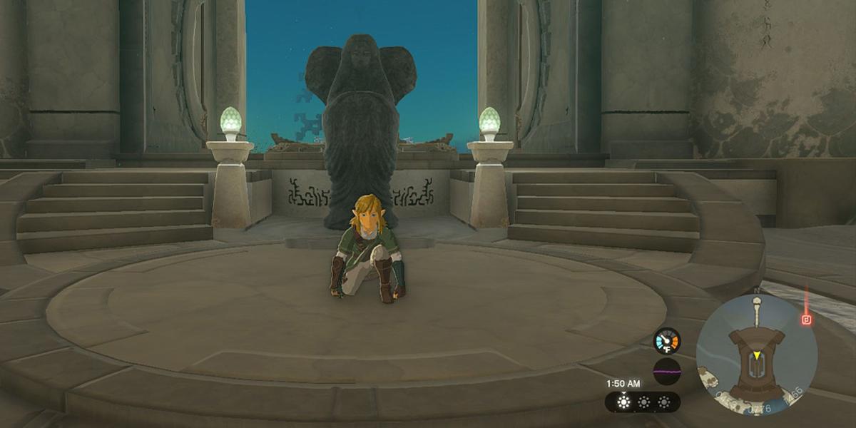 Legend of Zelda Tears of the Kngdom - Crouching Infront Of Sky Island Temple Of Time Goddess Statue
