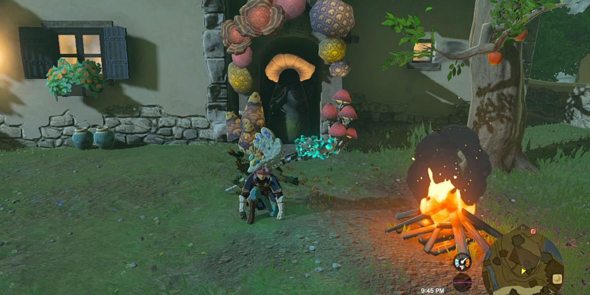 Legend of Zelda Tears of the Kngdom - Agachado em frente à estátua da deusa da vila de Hateno