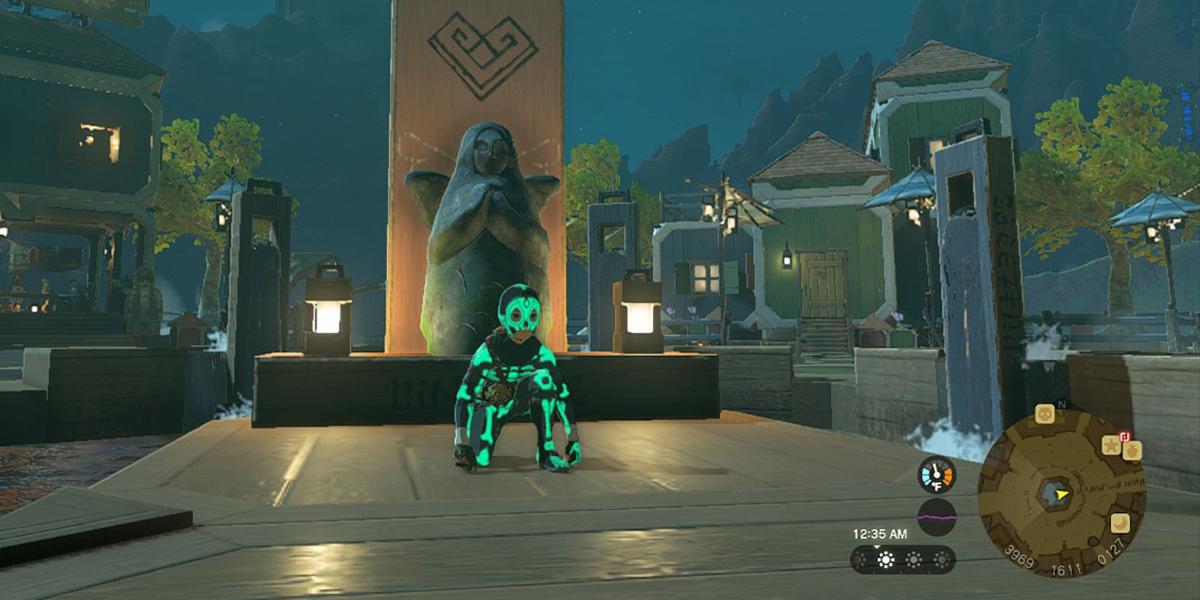 Legend of Zelda Tears of the Kngdom - Agachado em frente à estátua da deusa da cidade de Tarrey