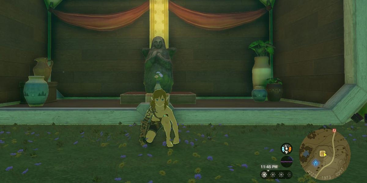 Legend of Zelda Tears of the Kngdom - Agachado na frente de uma sala de estátua da deusa comprada para a casa de Link