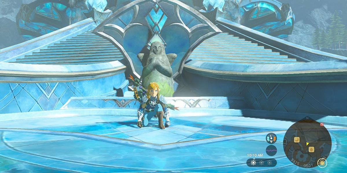 Legend of Zelda Tears of the Kngdom - Agachado em frente à estátua da deusa do domínio Zoras