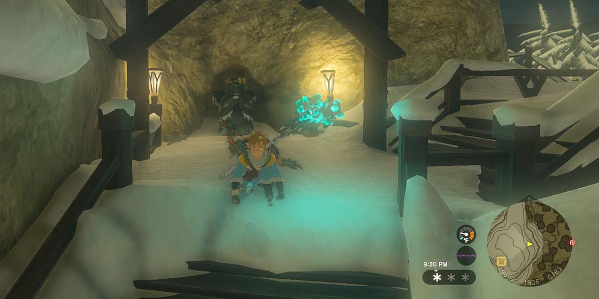 Legend of Zelda Tears of the Kngdom - Agachado em frente à estátua da deusa da vila de Rito