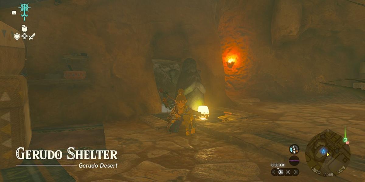 Legend of Zelda Tears of the Kngdom - Agachado em frente à estátua da Deusa Gerudo