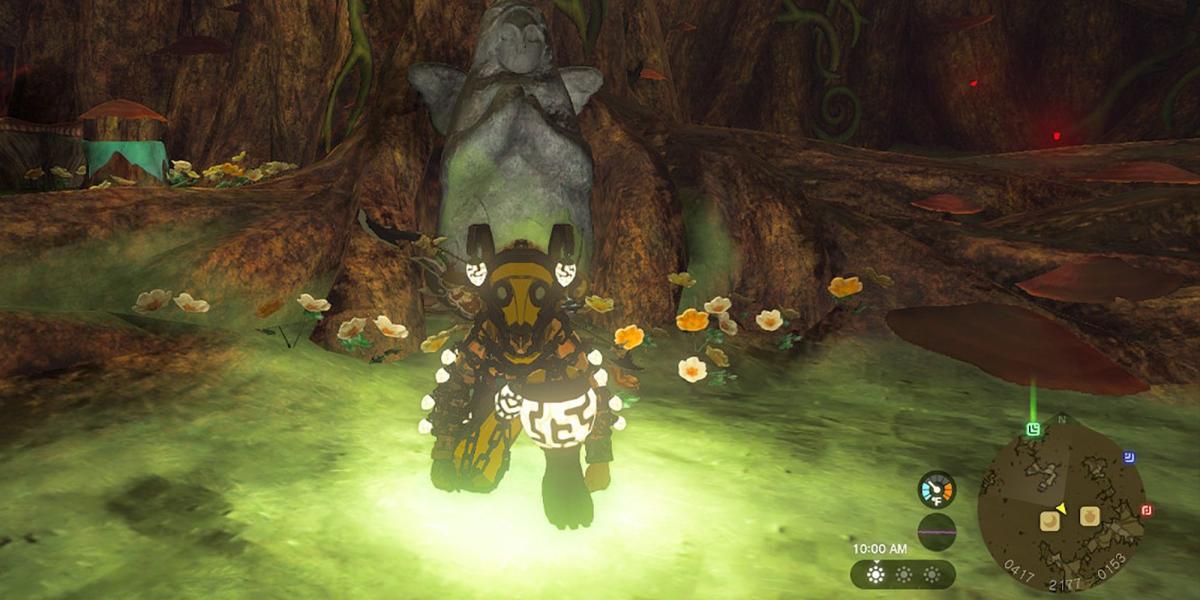 Legend of Zelda Tears of the Kngdom - Agachado em frente à estátua da Deusa da Floresta Korok