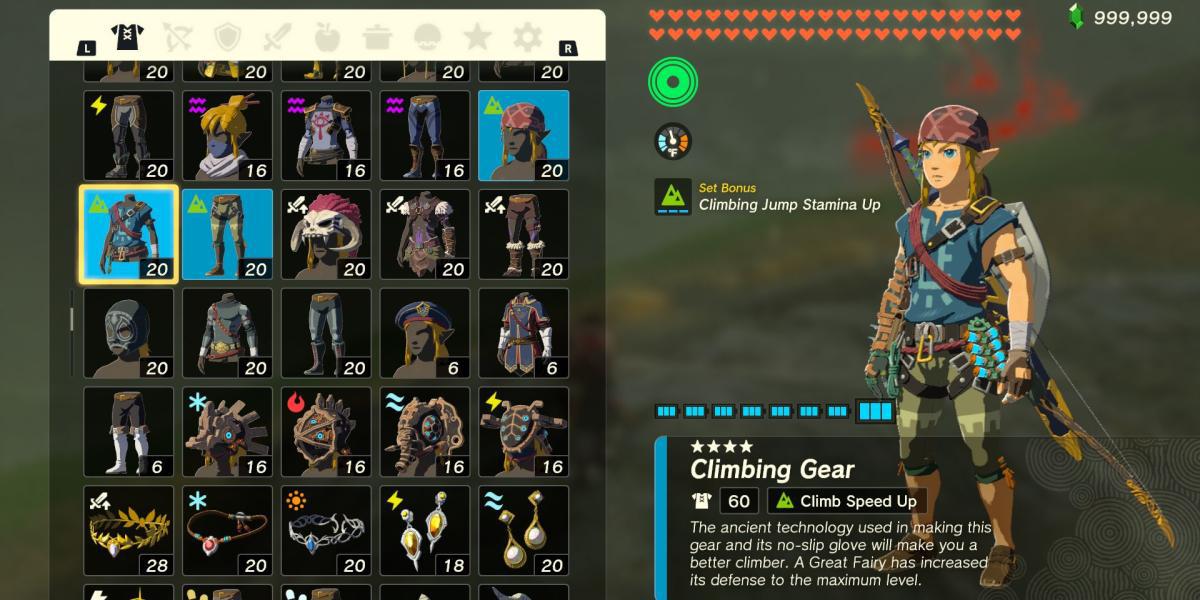 Conjunto de armadura de equipamento de escalada em The Legend of Zelda: Tears of the Kingdom
