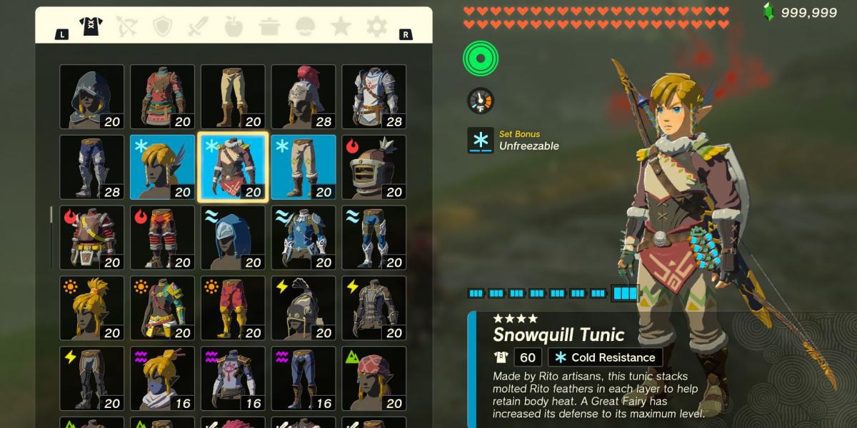 Conjunto de armadura Snowquill em The Legend of Zelda: Tears of the Kingdom