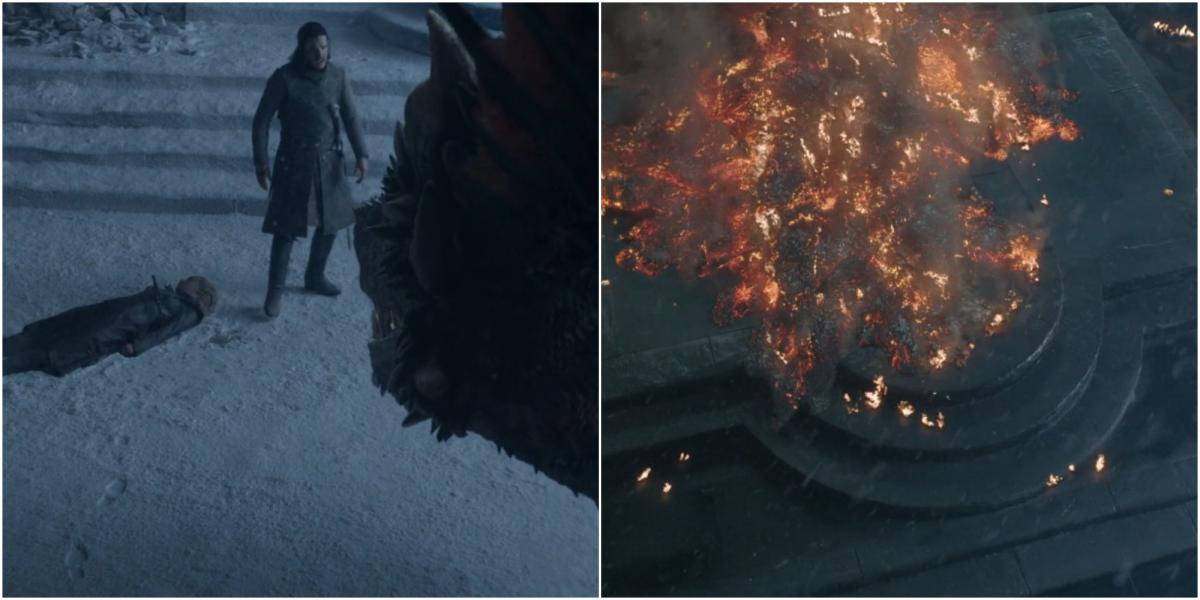 Imagem dividida de Jon Snow, Daenerys morta e Drogon e o Trono de Ferro destruído em Game of Thrones.
