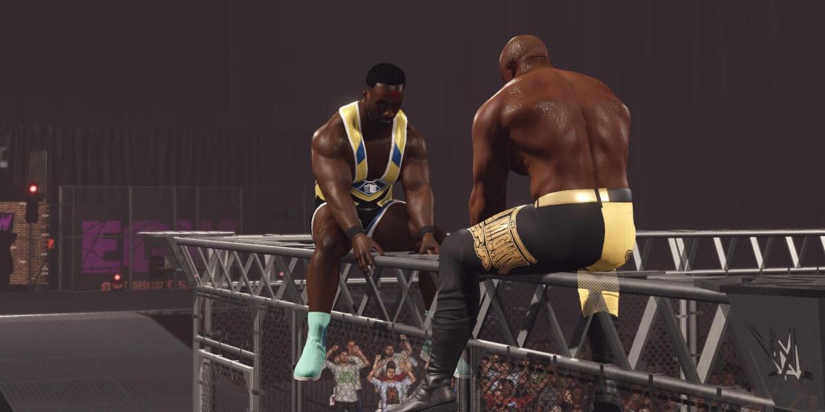 WWE2K23 Bobby Lashley e Big E no topo da gaiola