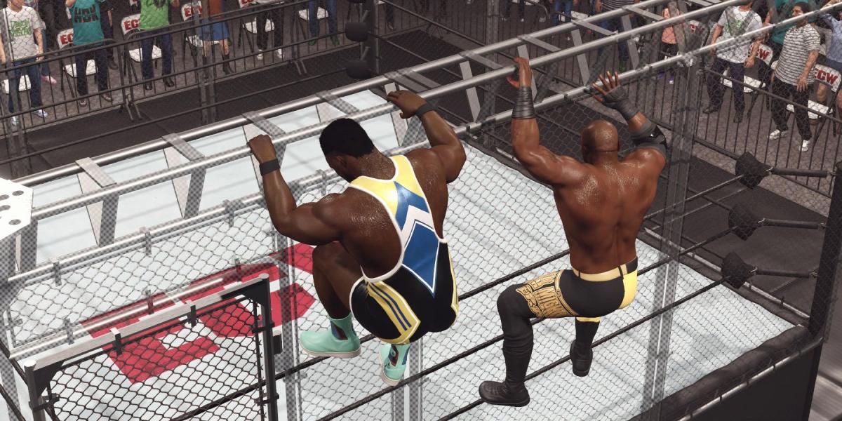 WWE2K23 Bobby Lashley e Big E tentando escapar da jaula
