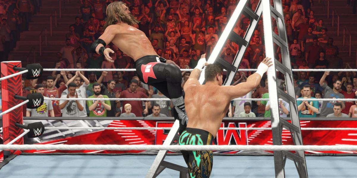 WWE 2K23 Eddie empurrando Edge da escada