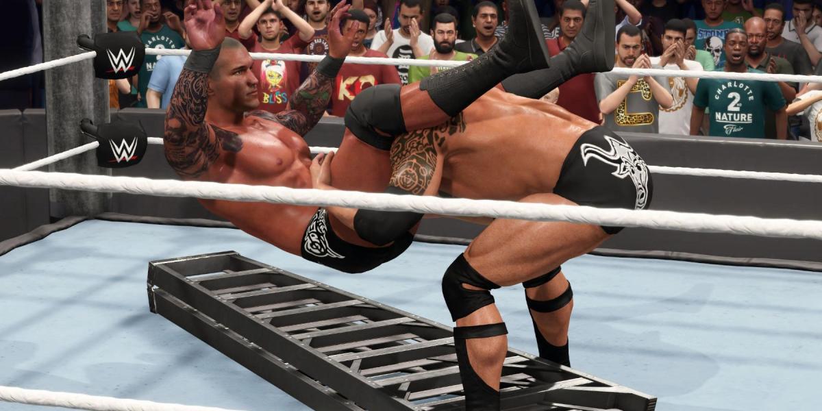 WWE 2K23 Rock powerbombs Orton na escada
