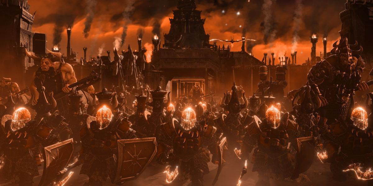 Captura de tela promocional da marcha do exército Total War Warhammer 3 Forge of the Chaos Dwarfs