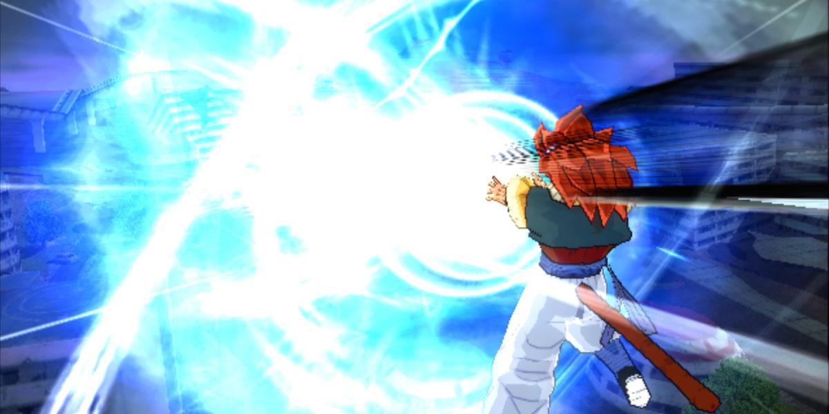 Gogeta dispara um Big Bang Kamehameha em Dragon Ball Z: Budokai Tenkaichi 3