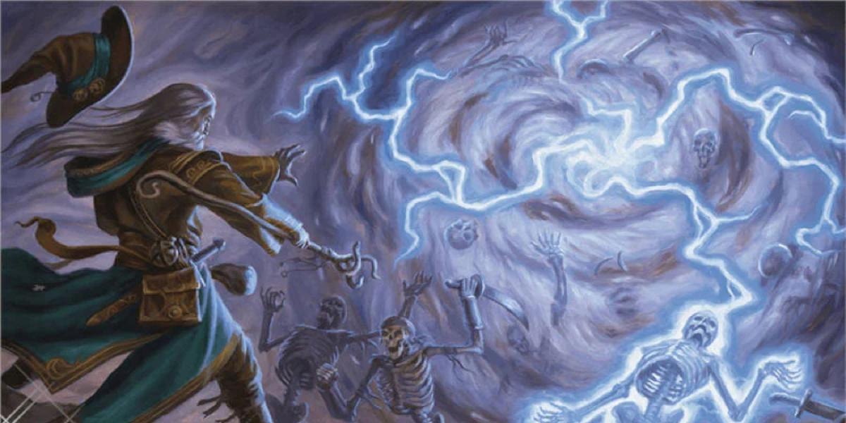 Um mago de cabelos grisalhos lança um feitiço de iluminação de um vórtice rodopiante contra um exército de esqueletos.