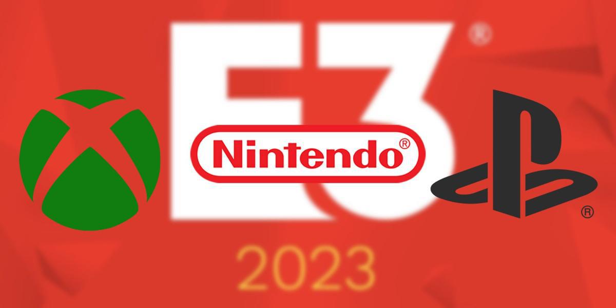 logotipo xbox, nintendo e playstation sobre o logotipo borrado da e3 2022