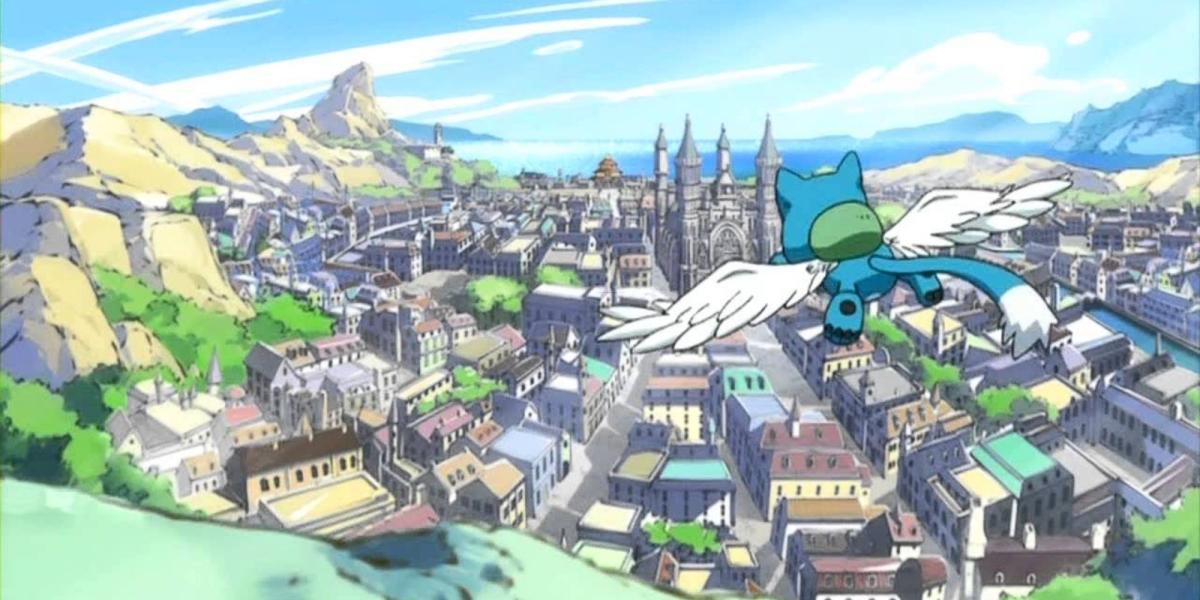 Fairy Tail feliz voando sobre magnólia, vista aérea
