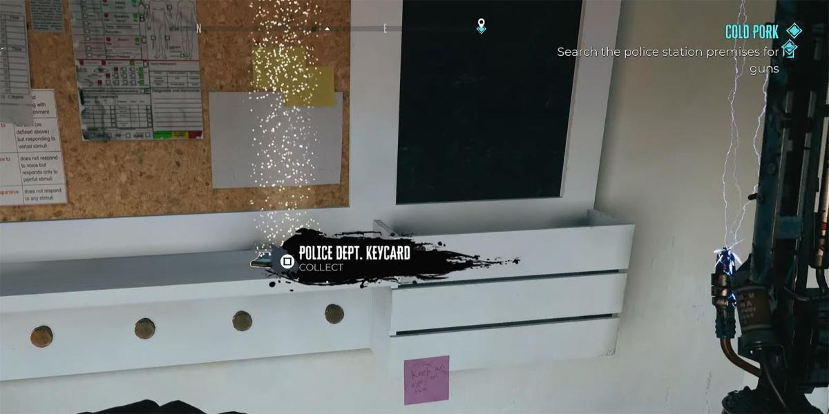Dead Island 2 - Pegando o cartão-chave do departamento de polícia da prateleira do quadro de cortiça
