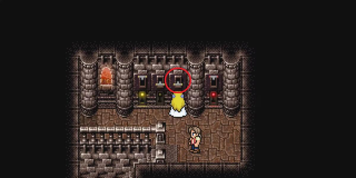 Celes puxa um interruptor em Final Fantasy 6