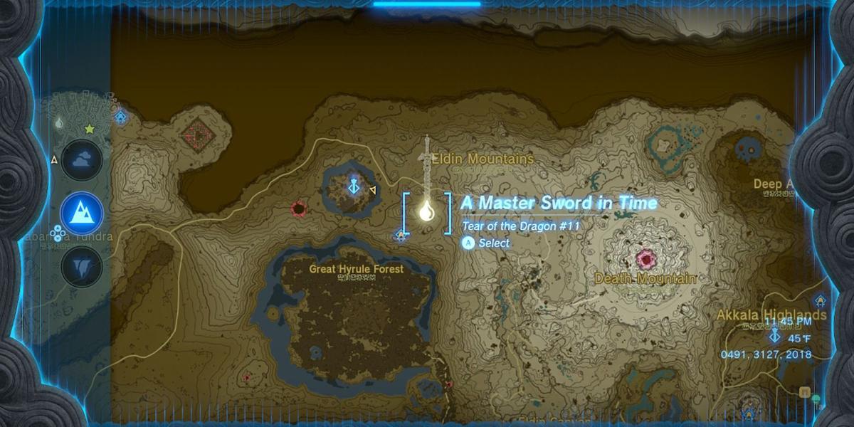 Zelda Tears of the Kingdom - Uma Espada Mestra na Localização da Memória do Tempo no Mapa