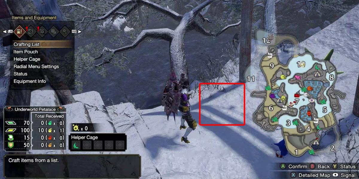 Monster Hunter Rise - Agarrando o registro da relíquia na ilha alta da seção 7 com o mapa aberto e a caixa mostrando onde a relíquia estaria