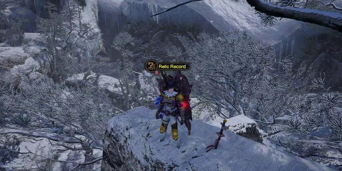 Monster Hunter Rise - Agarrando o registro da relíquia na árvore na seção 3 do mapa