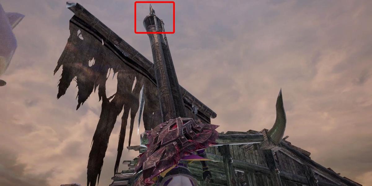 Monster Hunter Rise - Olhando para cima onde a relíquia está na seção 8 do mapa com a caixa destacando o local